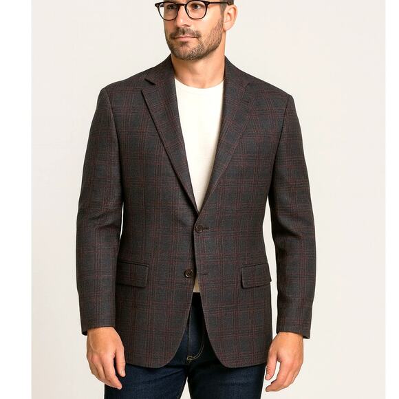 Huckberry Vintage 48R Corporate Image Luxury 100% Wool Blazer Plaid Jacket Gray - Picture 1 of 8